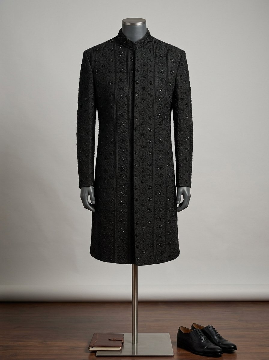 Black Hand Made Embroidered Sherwani